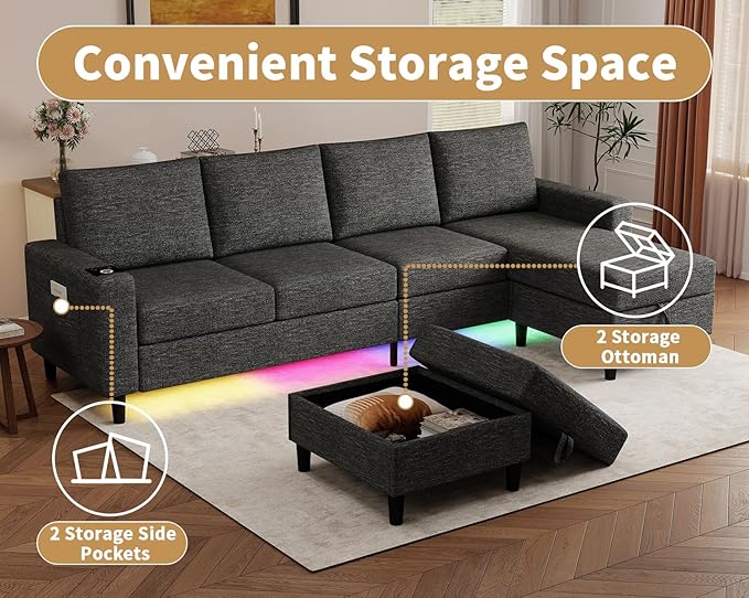 Smart Sectional Couches for Living Room, 6 Seat U/L Shaped Sectional Sofa with RGB Light/Charging, Modern Living Room Furniture for Apartments/Office/More (Dark Grey)