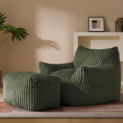 Oversized Bean Bag Chaise Lounge Chair Indoor for Adults with Armrests & Ottoman - Giant Comfy Green Beanbag Lazy Floor Sofa Cloud Accent Chair for Reading, Gaming, Cozy Plush Cloud Mini Couch