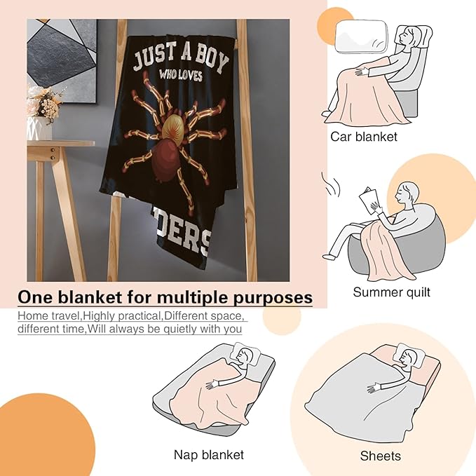 Just A Boy Who Loves Spiders Blanket Lightweight Cozy Flannel Fleece Throw Blanket Best Gift Home Decor for Bed Couch Outdoor Camping 40"x30" XS for Pets Toddler