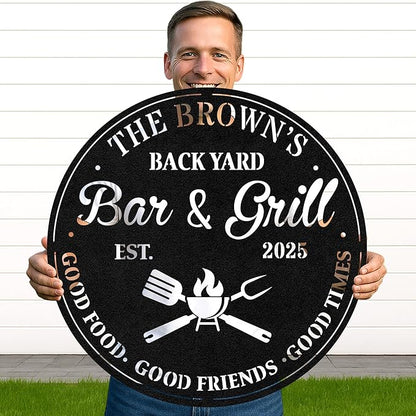 Custom BBQ Barn Metal Sign, Personalized Grill Name Cut Wall Art for Rustic Farm Patio, Outdoor Kitchen Barbecue Gift