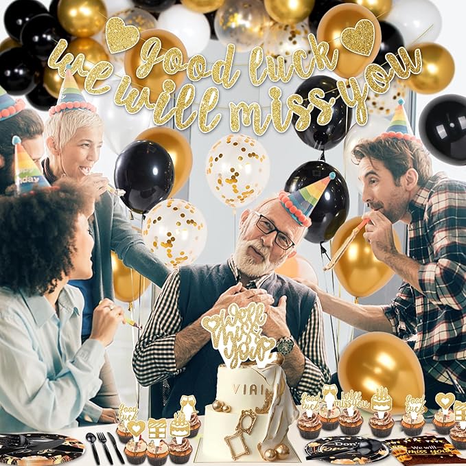 We Will Miss You Decorations, Going Away Party Decorations, Farewell Decorations Party Includes Black & Gold Balloons, Backdrop, Banner, Tablecloth, Plates, Napkins, Cake Toppers for Retirement