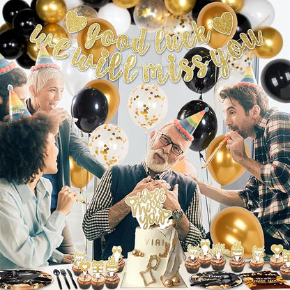 We Will Miss You Decorations, Going Away Party Decorations, Farewell Decorations Party Includes Black & Gold Balloons, Backdrop, Banner, Tablecloth, Plates, Napkins, Cake Toppers for Retirement