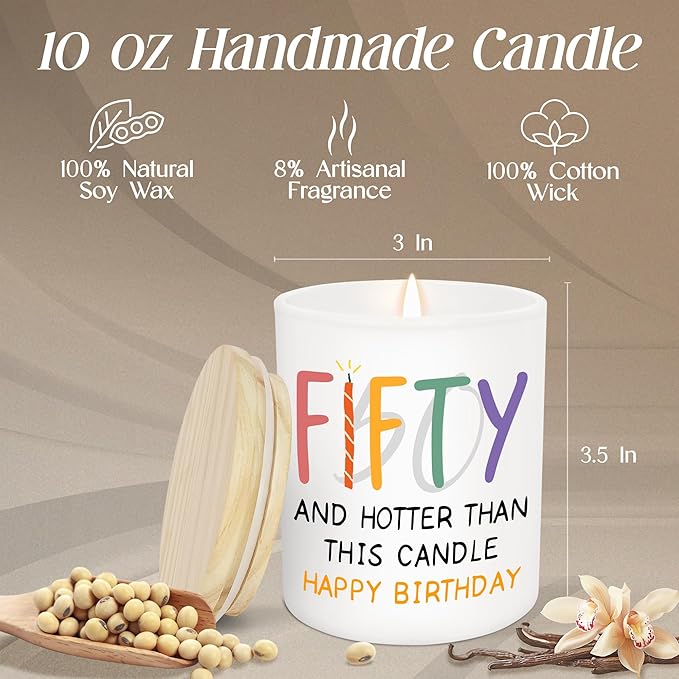Christmas 50th Birthday Gifts for Her Him - Long Lasting Vanilla Lavender Candle 10 oz - Funny 1975 Birthday Gifts for Women Men Husband Wife Mom Dad Friend, Fifty Candles for Women
