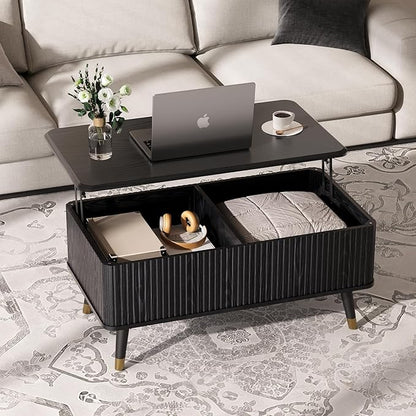 Lift Top Coffee Table with Storage, Modern Black Fluted Design, Pop-Up Center Table with Hidden Compartment for Living Room & Home Office Work/Dining