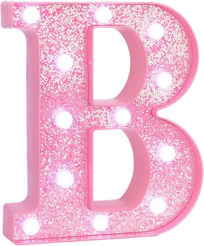 Pink LED Marquee Light Up Letters, Glitter Alphabet Letter Lights for Birthday Party Decorations, Battery Operated Letter Signs for Girls Room Table Decor, Pink letter B with Cool White Lights