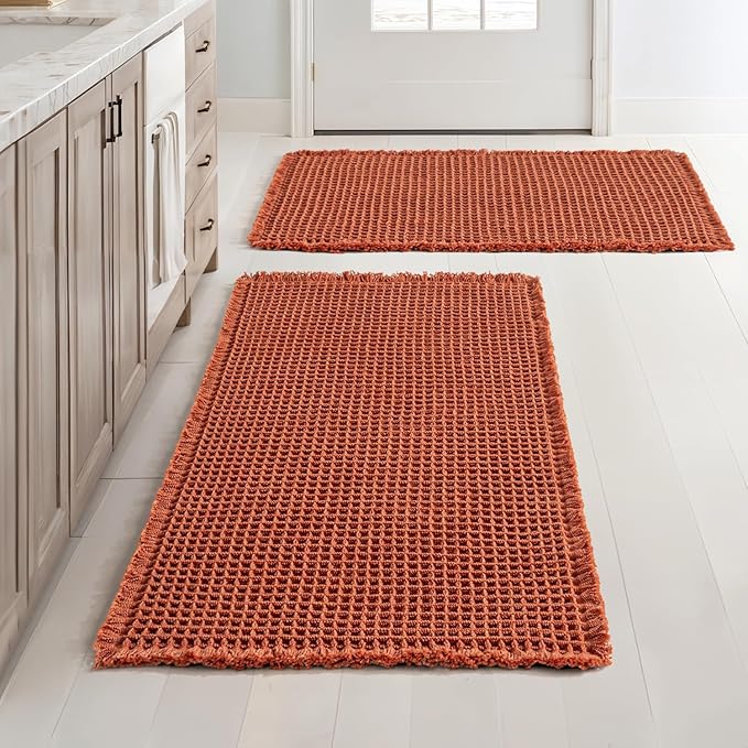 MIULEE Orange Set of 2 Waffle Bathroom Rugs, Boho Bath Rugs Non Slip Washable, Super Absorbent Bath Mats, Ultra Soft Rubber Backed Shower Mats for Bathroom Floor, Tub and Shower, 20x32 Inch
