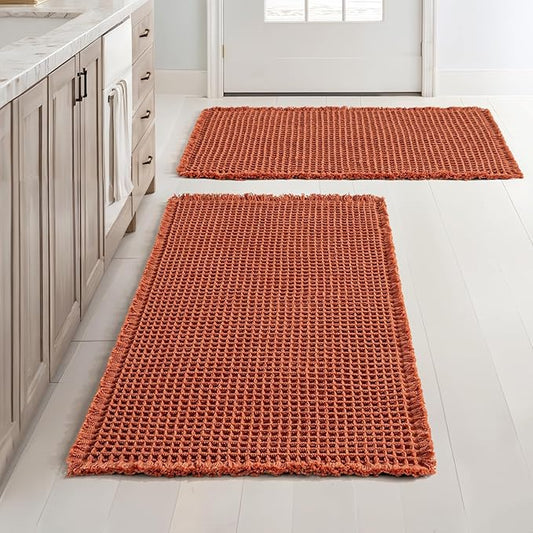MIULEE Orange Set of 2 Waffle Bathroom Rugs, Boho Bath Rugs Non Slip Washable, Super Absorbent Bath Mats, Ultra Soft Rubber Backed Shower Mats for Bathroom Floor, Tub and Shower, 20x32 Inch