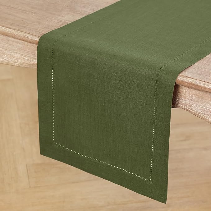 Solino Home Linen Olive Table Runner 144 Inches Long - 100% Pure Linen Extra Long Table Runner 14 x 144 Inch for Fall, Autumn, Christmas, New Year - Classic Hemstitch