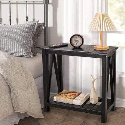 Narrow Side Table with Storage Shelf 2 Tier Wooden Nightstand Bedside Tables for Small Spaces Black Modern Accent Sofa Side Tables for Couch Living Room Bedroom Entryway