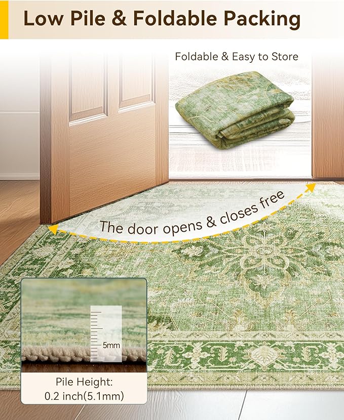 Area Rugs 3'x10' Runner Rug Non Slip Washable for Kitchen Hallway Bedroom Beside Laundry Room Bathroom Rug, Floor Carpet, Sage Green Yellow