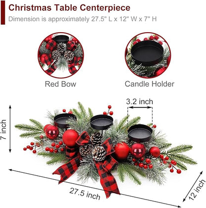 27.5-Inch Christmas Table Centerpiece with Candle Holders, Red Berries, and Pine Cones