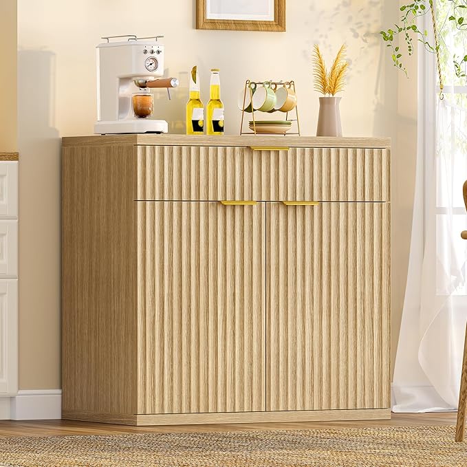 TEENFON Fluted Buffet Cabinet with Storage, 31.5" Sideboard Cabinet, Coffee Bar Cabinet with 2 Doors and Adjustable Shelf for Living Room, Kitchen, Entryway, Natural