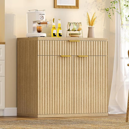 TEENFON Fluted Buffet Cabinet with Storage, 31.5" Sideboard Cabinet, Coffee Bar Cabinet with 2 Doors and Adjustable Shelf for Living Room, Kitchen, Entryway, Natural