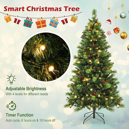 GOFLAME 6FT Pre-Lit Christmas Tree, Hinged Artificial Xmas Tree with Pine Needles, 670 Branch Tips, 28 Clusters of Red Berries, 300 LED Lights, 9 Lighting Modes, 4 Brightness, Remote Control & Timer