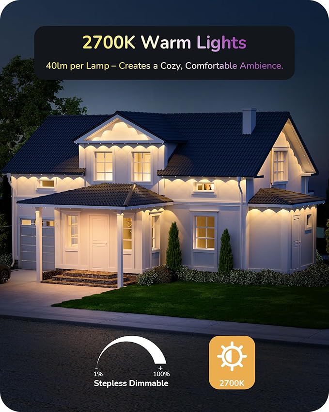 EDISHINE 100FT Cuttable Permanent Outdoor Lights PRO, 60 LED Smart RGB+IC+Warm White Eave Light, 111+ Scene Modes, App & Remote Control, IP67 Waterproof for House Christmas Decor, Alexa Google Enable