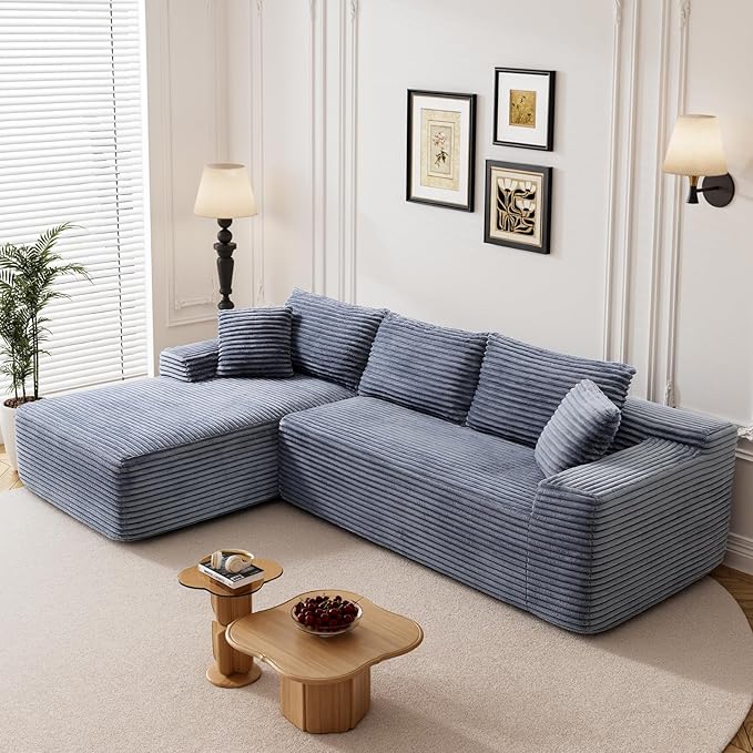 95" L Shaped Boneless Sectional Couches, Wide Armrest, Deep Seat, Memory Foam, Assembly Free, Modern Comfy Corduroy Fluffy Cloud Sofa with Left Chaise for Living Room, Small Spaces, Grey