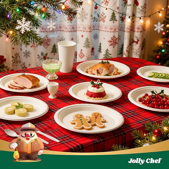 JOLLY CHEF Compostable Heavy Duty Plates 9 Inch [300 Pack] Eco-Friendly Disposable Natural Paper Plates Bagasse Biodegradable Bulk for Party Dinner Sugarcane Fibers Lunch Christmas (White)