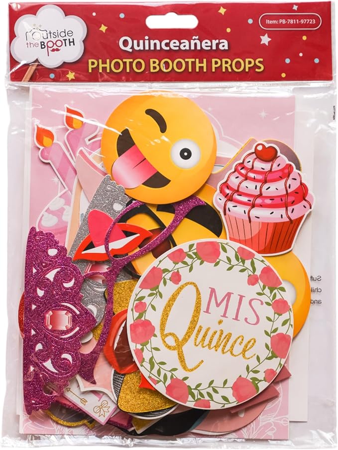 Quinceanera Photo Booth Props - 41-pc Photobooth Kit with 8 x 10-Inch Sign, 60 Adhesive Pads, 45 Sticks - Sweet 15 Photo Booth Props - Decoracion para 15 Años Quinceañeras
