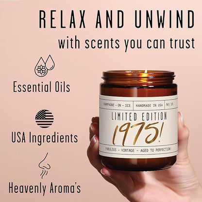 50th Birthday Gifts for Her, 50th Birthday Gifts for Women - 'Limited Edition 1975' Soy Candle, w/Champagne on Ice I 50 Year Old Gift for Women I 9oz Reusable Jar, 50Hr Burn, Made in USA