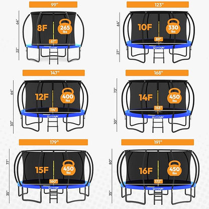 JUMPZYLLA Trampoline Outdoor 8FT 10FT 12FT 14FT 15FT 16FT with Enclosure and Ladder, ASTM Approved Recreational Trampoline for Kids and Adults, Anti-Rust Coated Frame