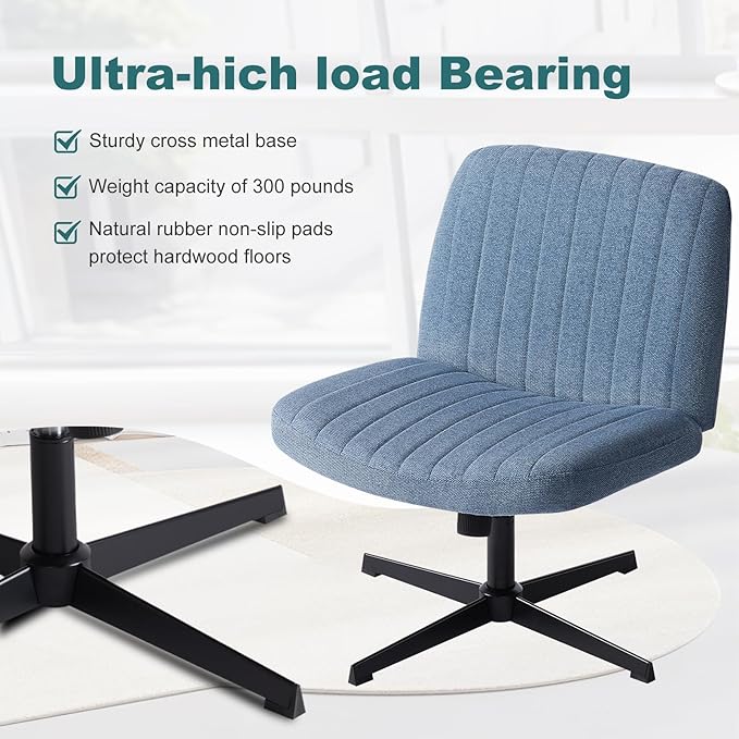 OLIXIS Criss Cross Chairs Legged Armless No Wheels Wide Seat Height Adjustable Swivel Rolling Padded Fabric Home Office Desk Seating for Bedroom, Student, Study Room