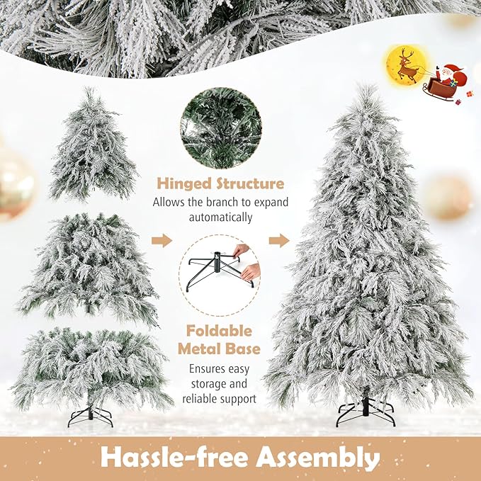 GOFLAME 7ft Pre-Lit Christmas Tree Snow Flocked, Hinged Artificial Xmas Tree with 743 Branch Tips, 320 Warm White LED Lights, Willow Leaves, Holiday Decoration Tree for Home Office Party