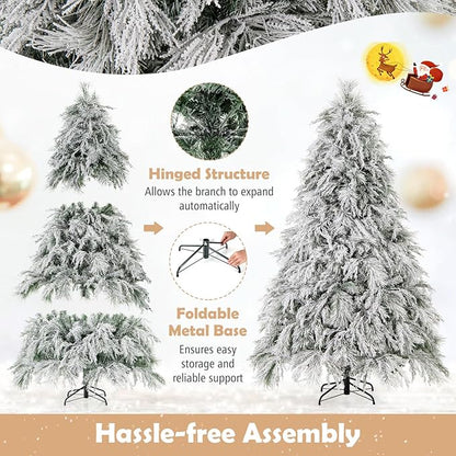 GOFLAME 7ft Pre-Lit Christmas Tree Snow Flocked, Hinged Artificial Xmas Tree with 743 Branch Tips, 320 Warm White LED Lights, Willow Leaves, Holiday Decoration Tree for Home Office Party