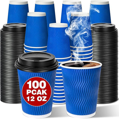 Ginkgo Disposable To Go Coffee Cups with Lids 12 oz 100 Pack, Double Wall Ripple Insulated Blue Paper Cups for Hot Beverage, Chocolate, Cocoa and coffee