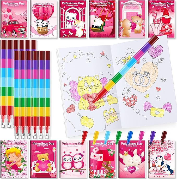 BenLouis 24 Valentines Day Mini Coloring Books Kids with 24 Stacking Crayons Valentines Day School Party Favors Activity Books Bulk for Kids Valentine's Day Goodie Bag Gift Stuffer Classroom Reward