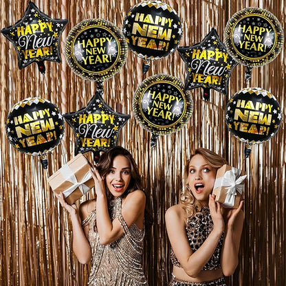 9 PCS Happy New Year Balloons Black Gold 18 Inch New Years Balloons for Happy New Year Decorations 2026 New Years Eve Party Supplies