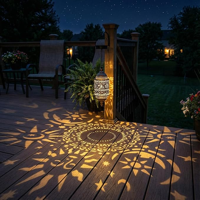 Moroccan Hanging Solar Lights Outdoor 2 Pack Garden Decor Sun and Moon Decorations Solar Lantern Waterproof for Patio Pathway Yard Backyard Garden Decorative (2)