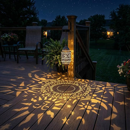 Moroccan Hanging Solar Lights Outdoor 2 Pack Garden Decor Sun and Moon Decorations Solar Lantern Waterproof for Patio Pathway Yard Backyard Garden Decorative (2)