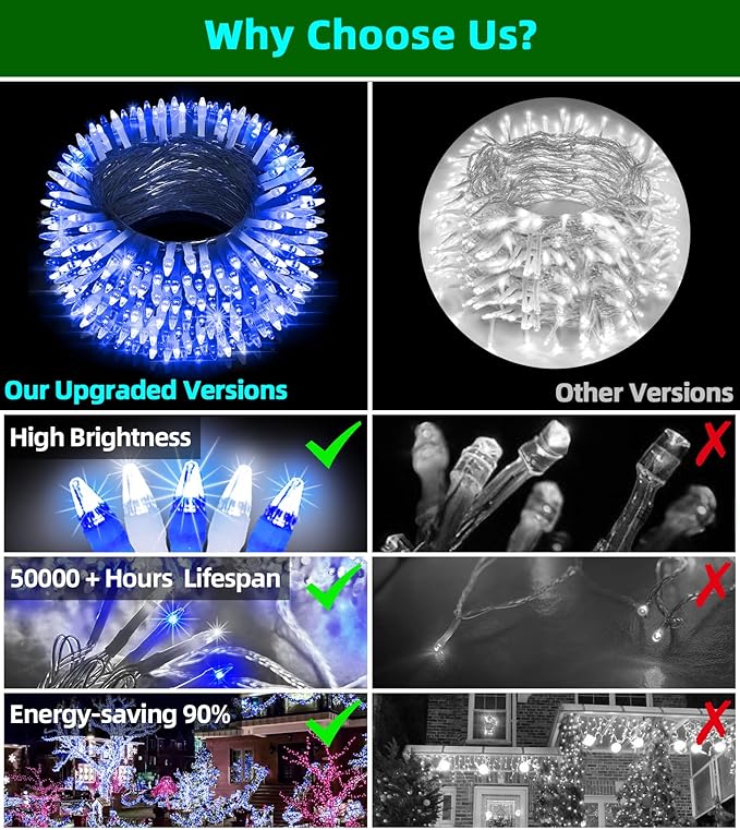 300LED Chrstmas Lights, 75ft Indoor Outdoor Christmas String Lights with 12 Modes, Blue Cool White LED String Lights with Timer Dimmable Waterproof for Tree Fence Wedding Party Decor Blue & White
