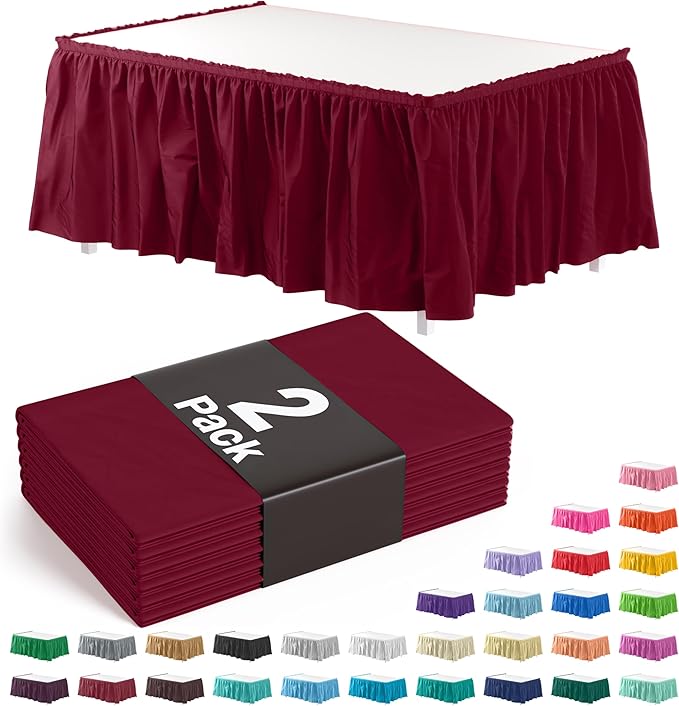 Ruffle Table Skirt Burgundy 2 Pack 14 Ft Long Table Skirts for Rectangle Tables 6ft Plus or Round Tables Skirts with Adhesive Strip for Gender Reveal Decor & Happy Birthday Parties by Exquisite