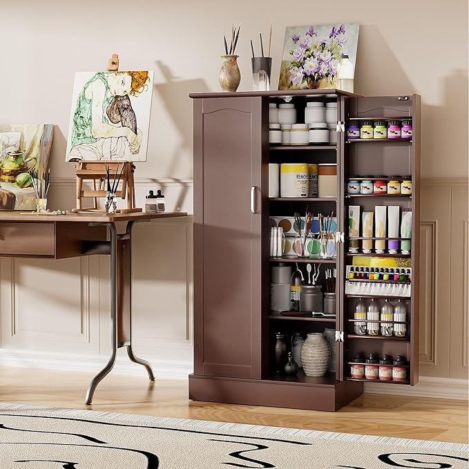 47” Pantry Cabinet, Kitchen Pantry Storage Cabinet with Doors & Adjustable Shelves, Brown Freestanding Buffet Cupboards Sideboard for Living Room and Dinning Room, Sturdy and Durable