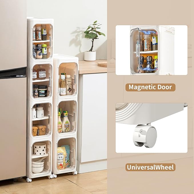 Narrow Bathroom Storage Cabinet with Wheels,5-Tier Plastic Slim Organizer with Adjustable Shelves for Small Spaces,Bathroom, Kitchen, Cream White