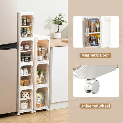 Narrow Bathroom Storage Cabinet with Wheels,5-Tier Plastic Slim Organizer with Adjustable Shelves for Small Spaces,Bathroom, Kitchen, Cream White
