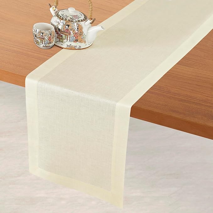D'Moksha Homes Linen Cream Table Runner 72 Inches Long - 100% Pure Linen 14 x 72 Inch Table Runner for Dining, Winter, Christmas, Holiday - Machine Washable