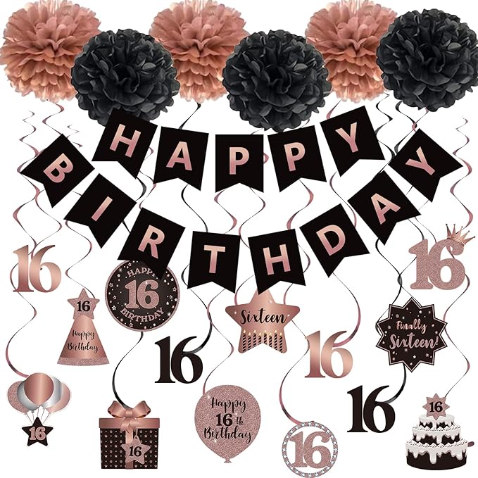 BRT Bearingshui Happy 16th Birthday Hanging Swirls Streamers Decoration, Happy Birthday Banner with Tissue Pompoms, Rose Gold and Black 16 Years Old Birthday Party Hanging Backdrop Decorations