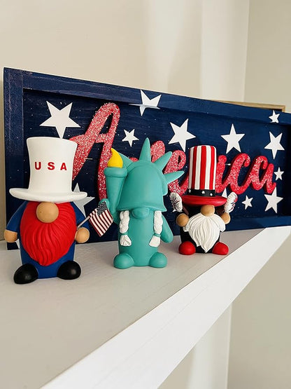 Madanar Independence Day Resin Gnomes 3-Piece Set for Tiered Tray Shelf Decorations - Sparklers, Statue of Liberty, USA Flag (Independence Day)