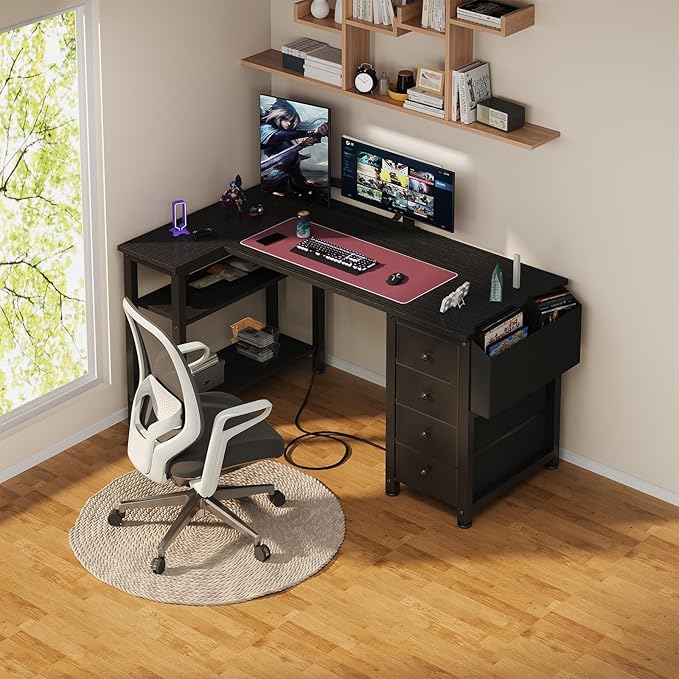 Lufeiya L Shaped Gaming Desk with Power Outlet, 47 Inch Reversible Corner Computer Desk with Drawers & Storage Shelves for Home Office Bedroom, L-Shaped Teen PC Desks with Fabric Drawer, Black