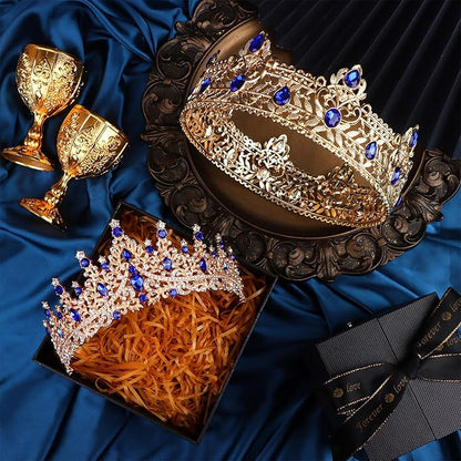 2 Pcs King and Queen Crowns Set King Crowns for Men Royal Crown with Black Rhinestone Crystal Crowns for Women Princess Crown Tiara Costume Headwear for Wedding Homecoming Party Decorations