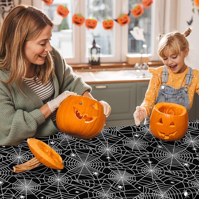 QZYL 3 PCS Halloween Table Cloths, 54" x 108" Spider Web Table Cloth, Black Disposable Tablecloth Plastic Tablecover, Spider Webs Halloween Decorations Party Supplies Tableware Decor