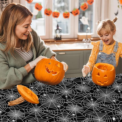 QZYL 3 PCS Halloween Table Cloths, 54" x 108" Spider Web Table Cloth, Black Disposable Tablecloth Plastic Tablecover, Spider Webs Halloween Decorations Party Supplies Tableware Decor