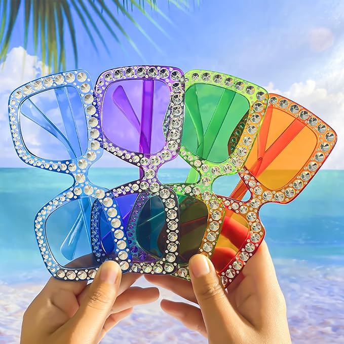 Pibupibu 12/24 Pack Fun Oversized Square Crystal Sunglasses for Women Bulk, Disco Rhinestone Sparkling Glasses Party Favors