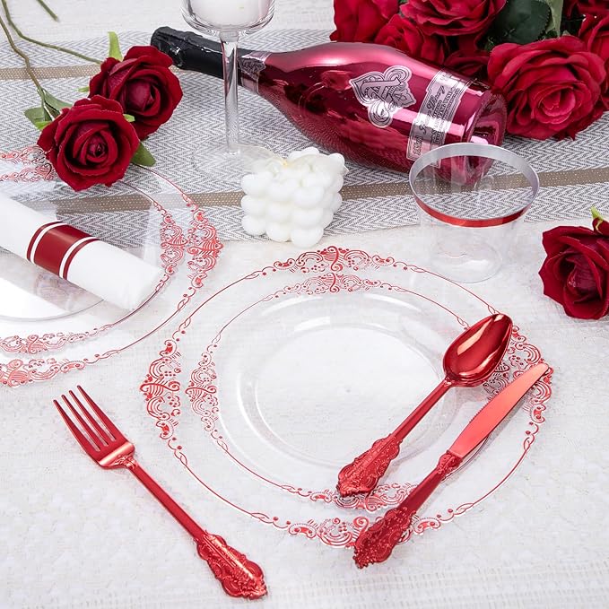 Hioasis 350pcs Clear Red Plastic Plates - Elegant Disposable Dinnerware Set Suitable for 50 Guests Include 10.25" Dinner & 7.5" Dessert Plates, Pre Rolled Silverware Set, Cups for Party & Wedding
