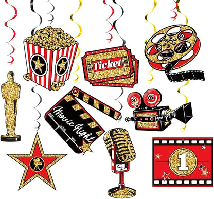 Movie Night Hanging Swirl Set Party Decorations, 48 Pcs, Hollywood Theme with Popcorn Trophy Microphone Film Reel Party Supplies Sign, Red Black Gold
