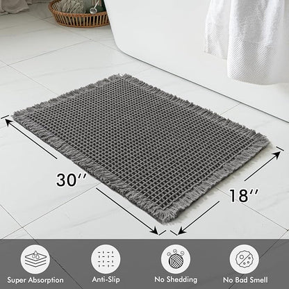 MIULEE Set of 2 Waffle Bathroom Rugs, Boho Bath Rugs Non Slip Washable, Super Absorbent Bath Mats, Ultra Soft Rubber Backed Shower Mats for Bathroom Floor, Tub and Shower, Dark Grey, 18x30 Inch