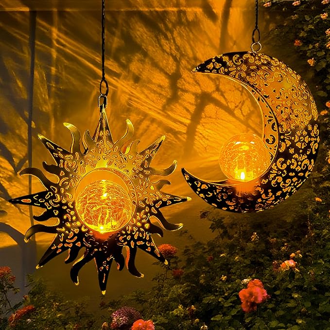 Solar Hanging Sun and Moon Lights Garden Outside Decor,2 Pack Metal Lanterns Outdoor Sunflower Art Decorations for Porch Backyard Patio Wall Tree,Unique Gardening Gifts for Women Mom Grandma