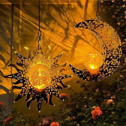 Solar Hanging Sun and Moon Lights Garden Outside Decor,2 Pack Metal Lanterns Outdoor Sunflower Art Decorations for Porch Backyard Patio Wall Tree,Unique Gardening Gifts for Women Mom Grandma